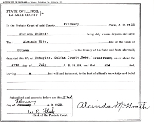 photo of document with Hite, Alcinda - death date